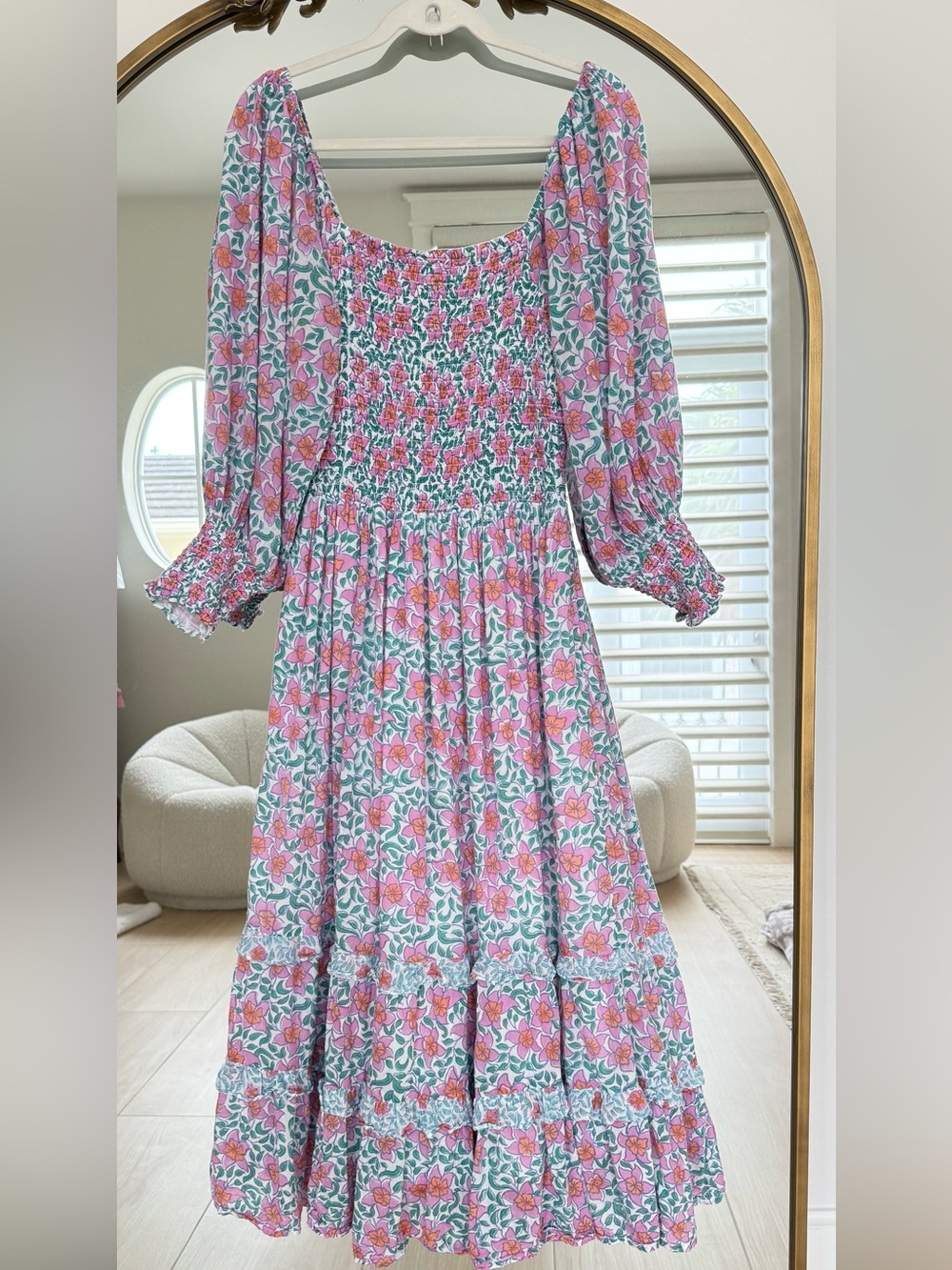 Oliphant Smocked Floral Maxi Dress Tiered Puff Sleeve Cottagecore - Picture 4 of 5